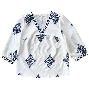 Elings Boho White & Blue Geometric Print Bracelet Sleeve V-Neck Blouse Small